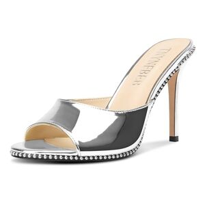 Women Stiletto Open Toe High Heels Slip On Silver Bead Sandals Mules Party Prom